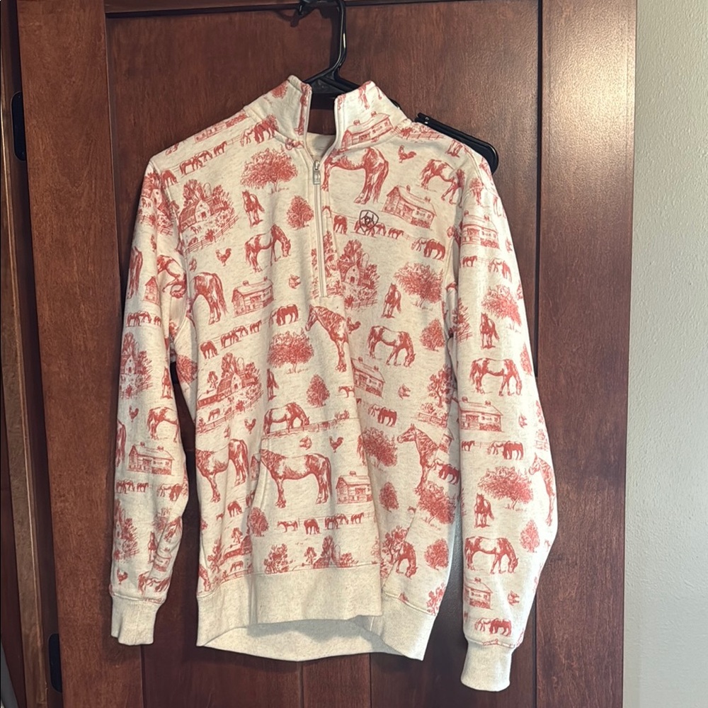 Ariat Red and Cream Zip Up Sweater with Whimsical Pattern